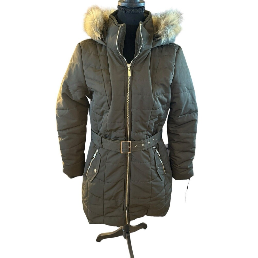 Karl Lagerfeld Paris Green Faux Fur Quilted Parka Jacket Medium Women's NWOT